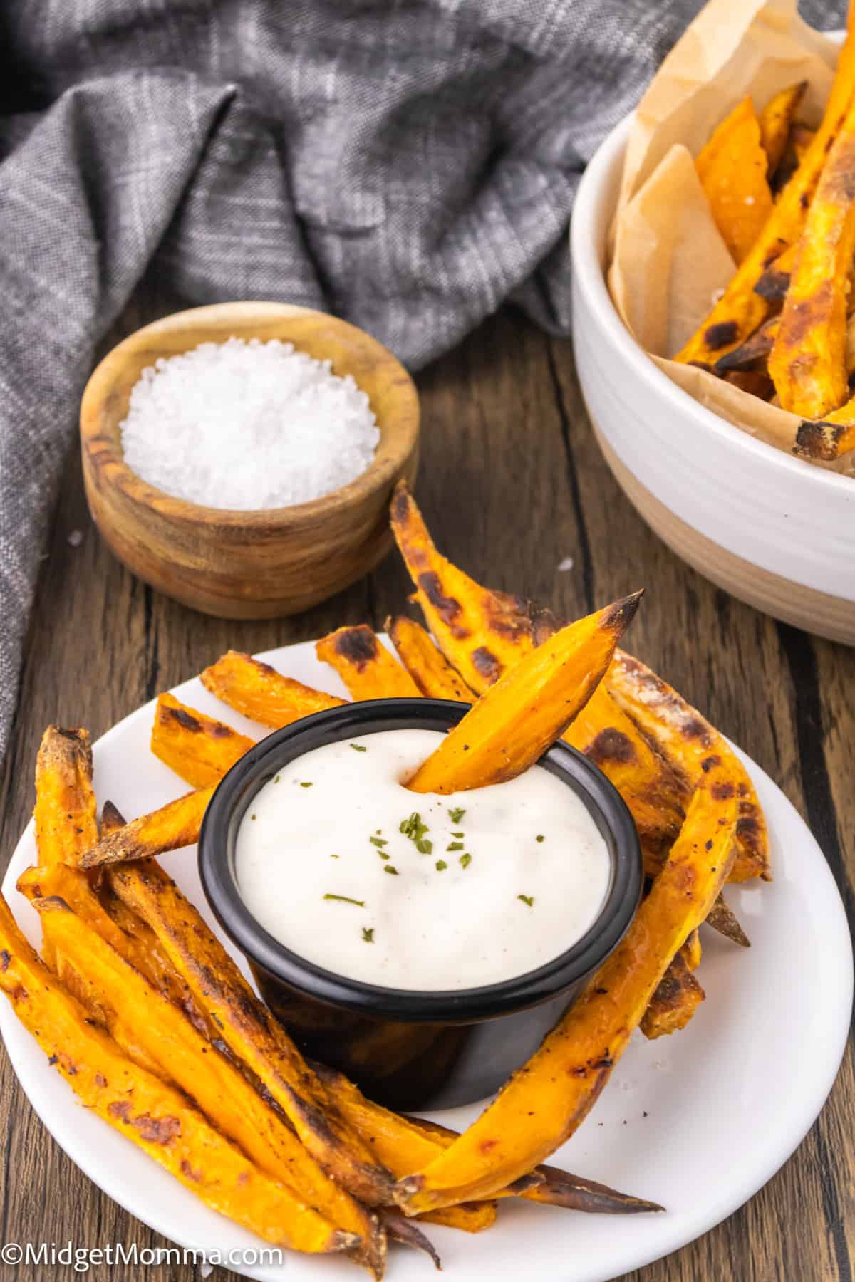 Grilled sweet potato fries on a white plate with a bowl of creamy dip, garnished with herbs. A wooden bowl of salt is in the background next to a gray cloth.