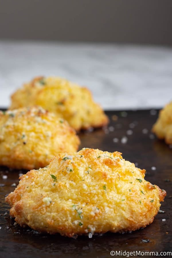 Keto Cheddar Bay Biscuits on a baking sheet