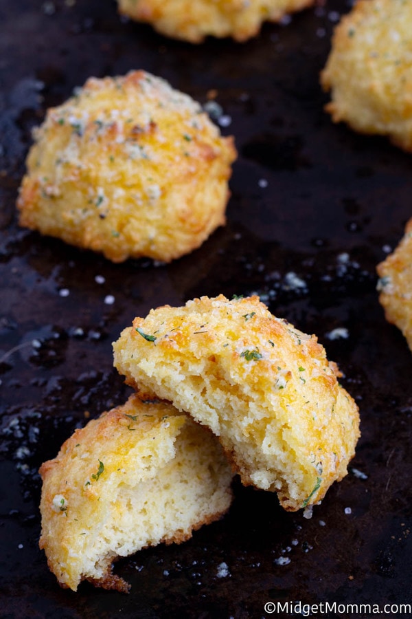 Keto Cheddar Bay Biscuits broken in half