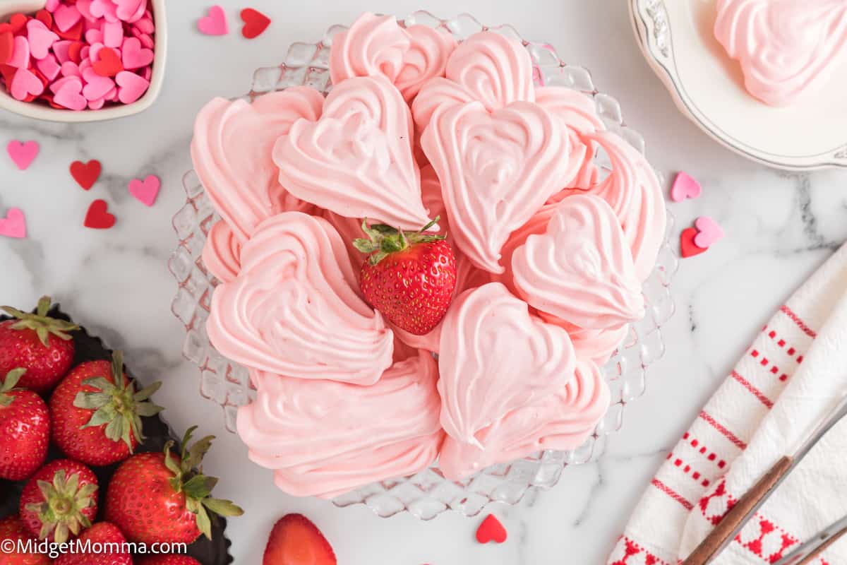 overhead photo of Strawberry Meringue Cookies on a plate