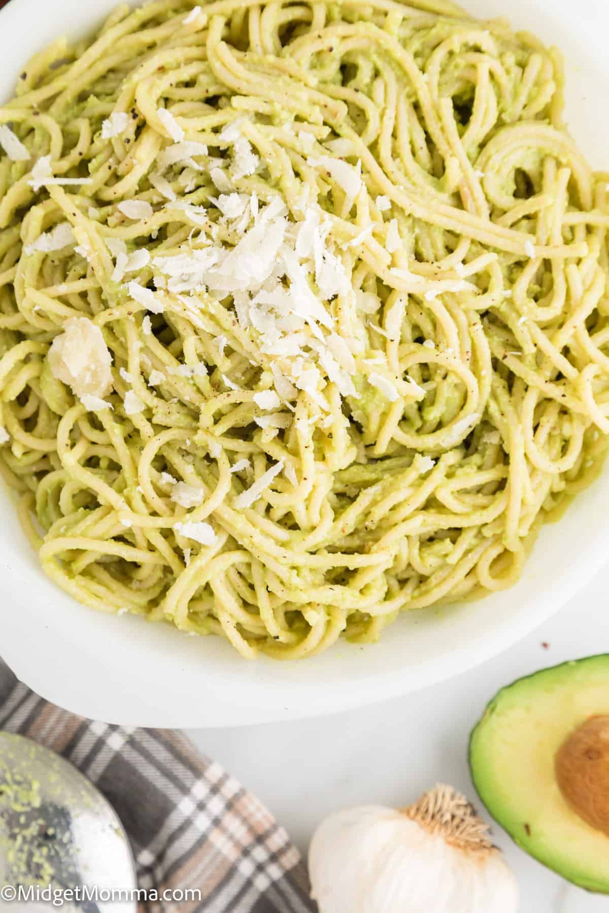 close up photo with pasta and avocado pasta sauce