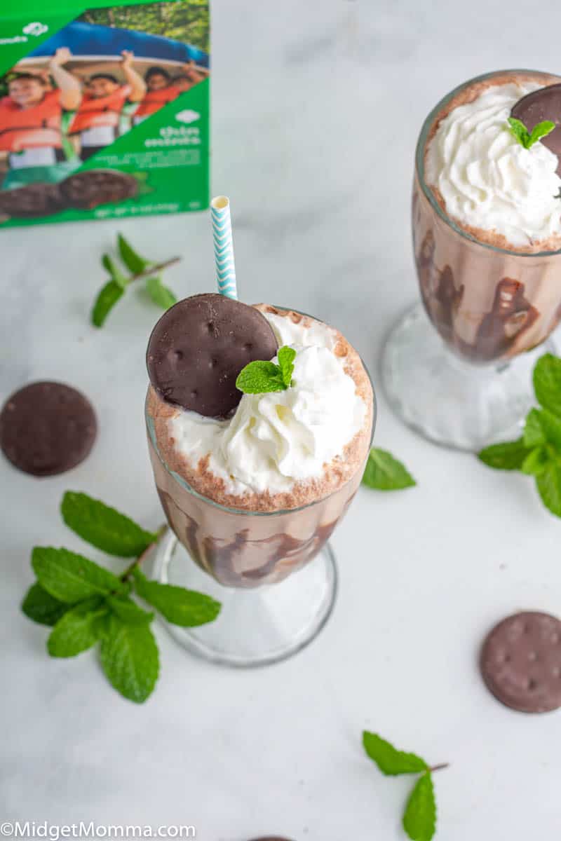 chocolate milkshakes made with chocolate ice cream, mint chocolate cookies and whipped cream