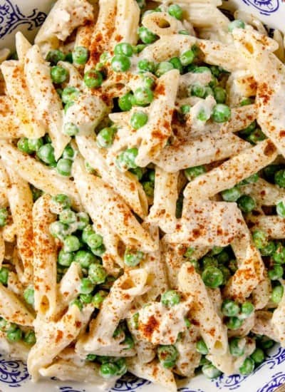 close up photo of tuna pasta salad in the serving bowl