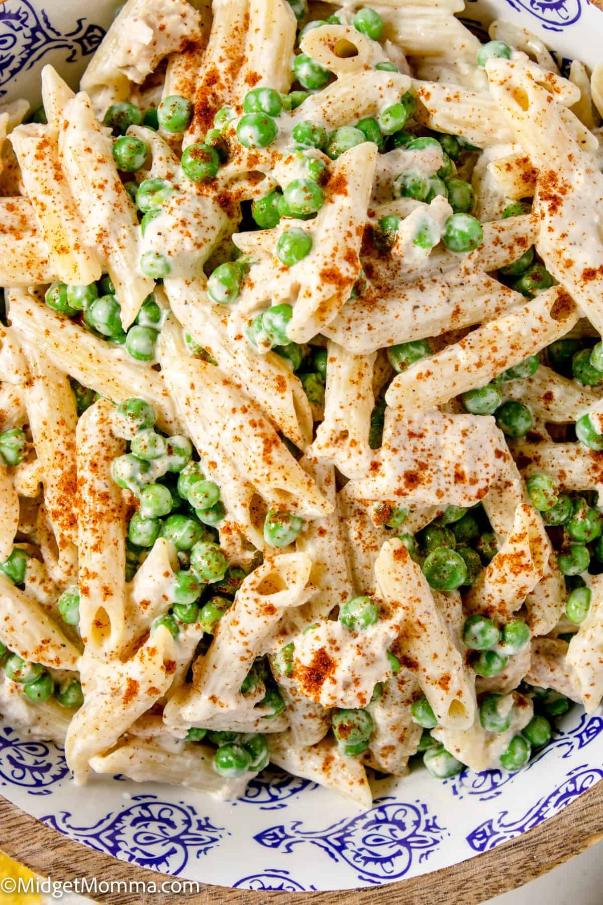 close up photo of tuna pasta salad in the serving bowl