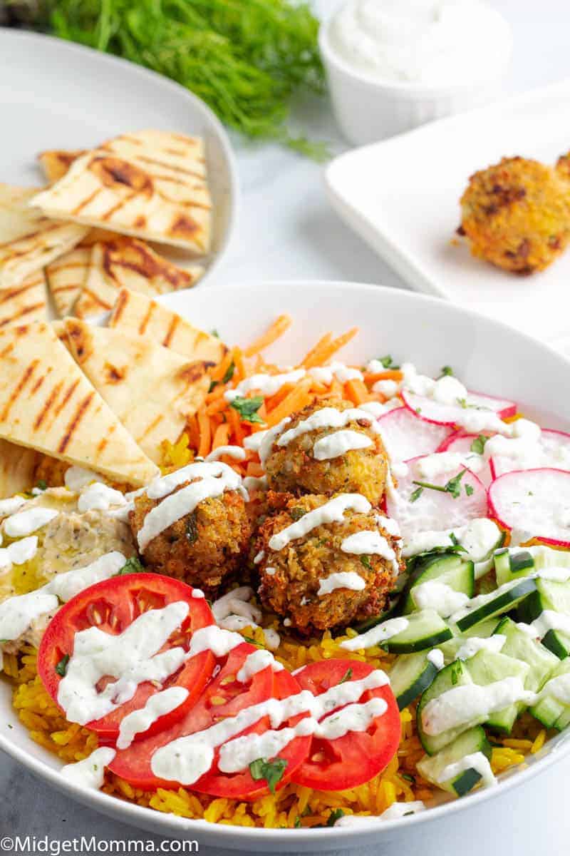 Falafel Bowls with Homemade Falafel, Turmeric Rice and Tzatziki Sauce