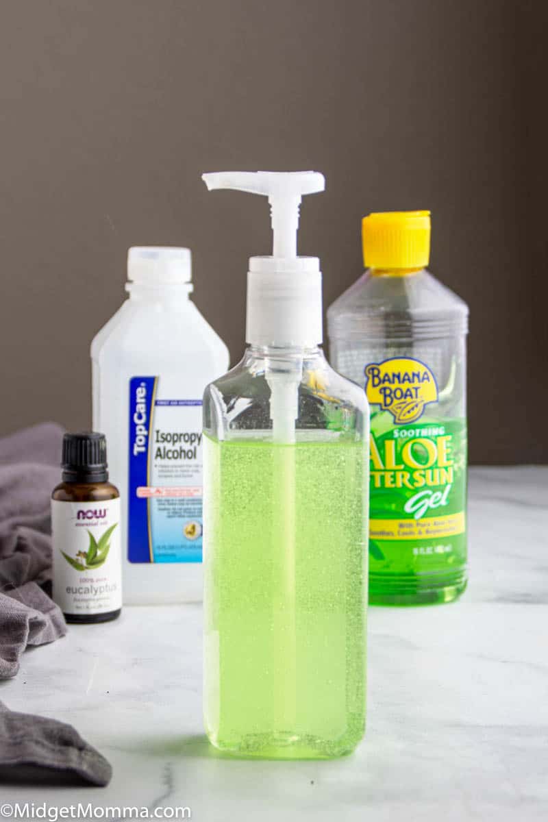 How to Make Homemade Hand Sanitizer - ingredients and bottle of homemade hand sanitizer