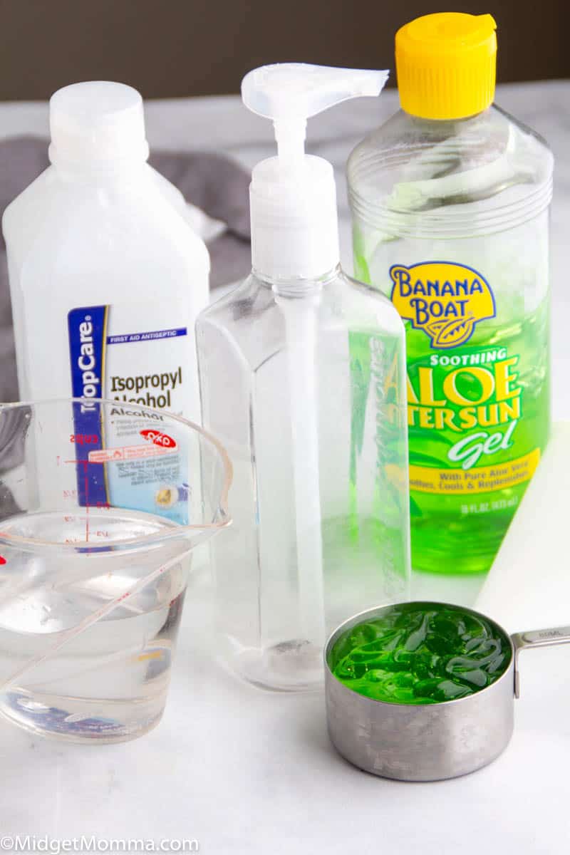 Hand sanitizer ingredients - aloe vera gel, rubbing alcohol, pump bottle