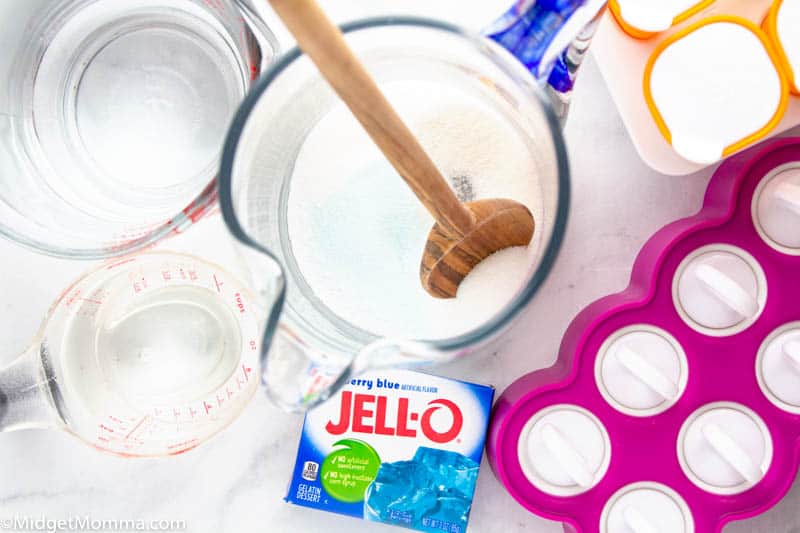 How to Make Homemade Pedialyte Popsicles ingredients - water, salt, sugar, jell-o