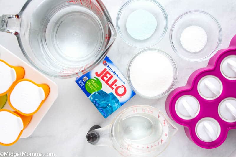 How to Make Homemade Pedialyte Popsicles ingredients - water, salt, sugar, jell-o