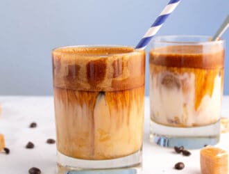 Keto Dalgona Whipped Coffee with caramel syrup
