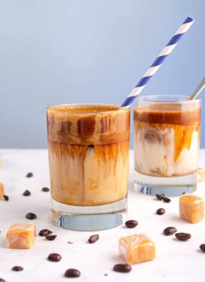 Keto Dalgona Whipped Coffee with caramel syrup