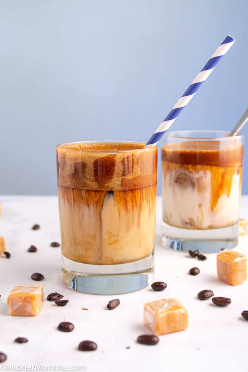 Keto Dalgona Whipped Coffee with caramel syrup