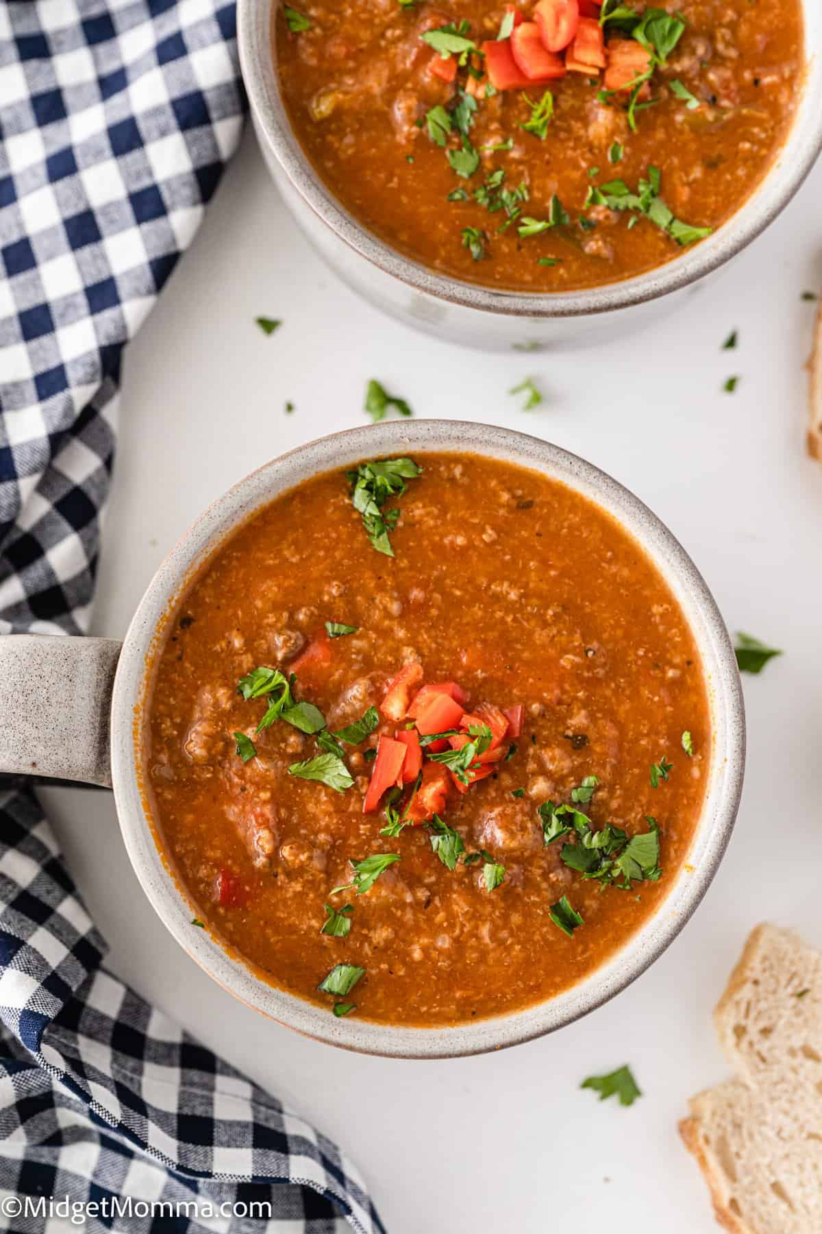 overhead photo of bowl of Slow Cooker Stuffed Pepper Soup