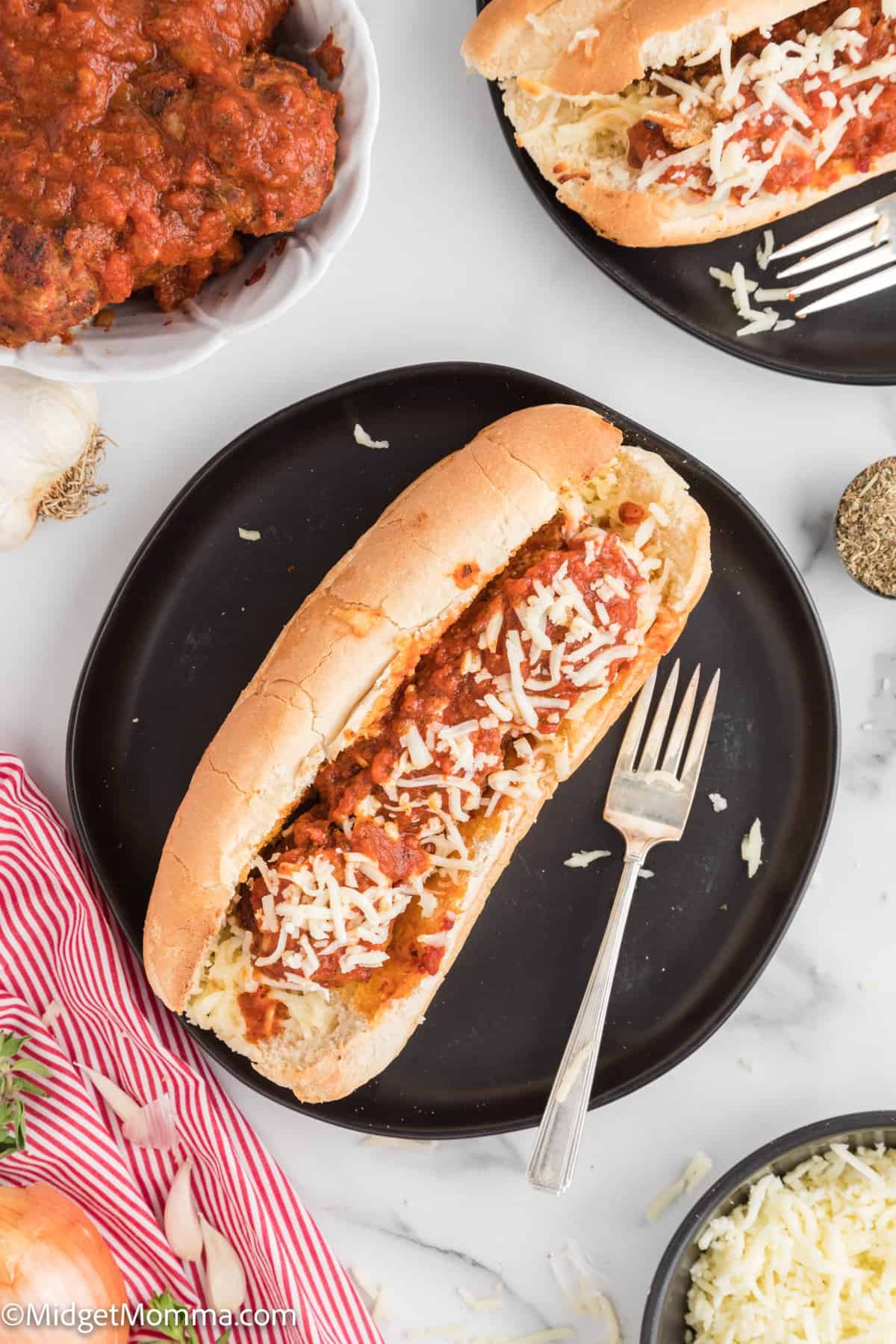 overhead photo of Marinara Meatball Sub with Homemade Meatballs