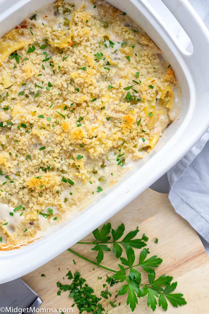 Baked tuna casserole in a baking dish