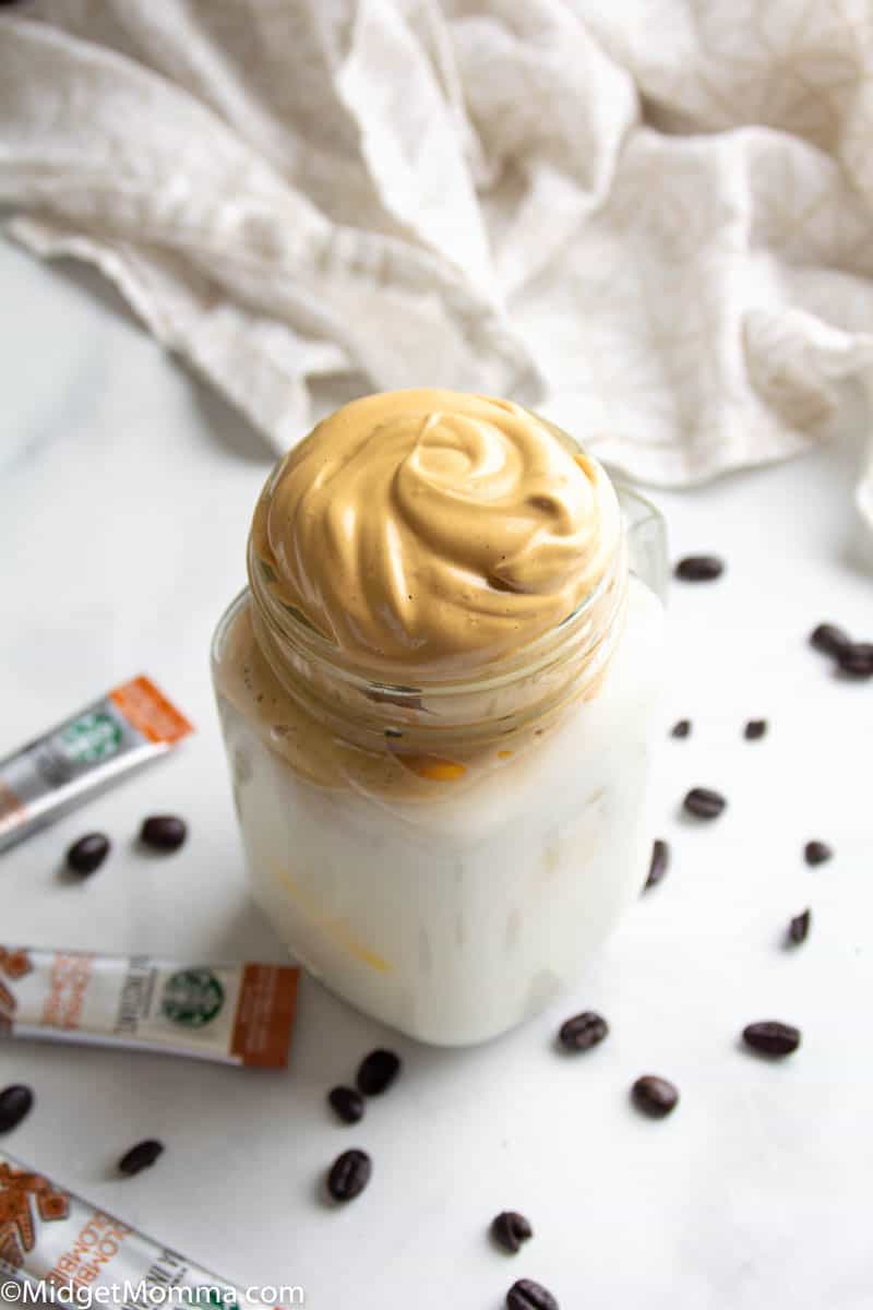 top view of whipped coffee in a mason jar