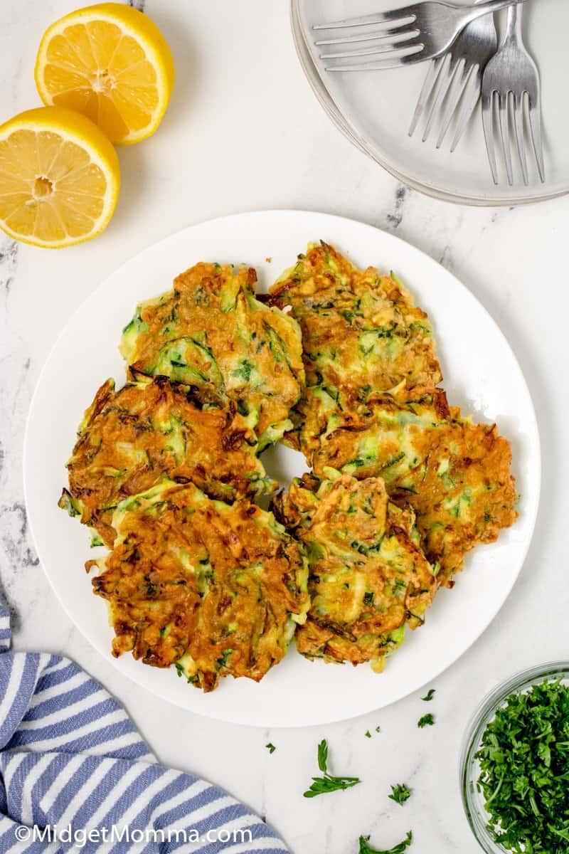 overhead photo of Zucchini Fritters Recipe on a plate