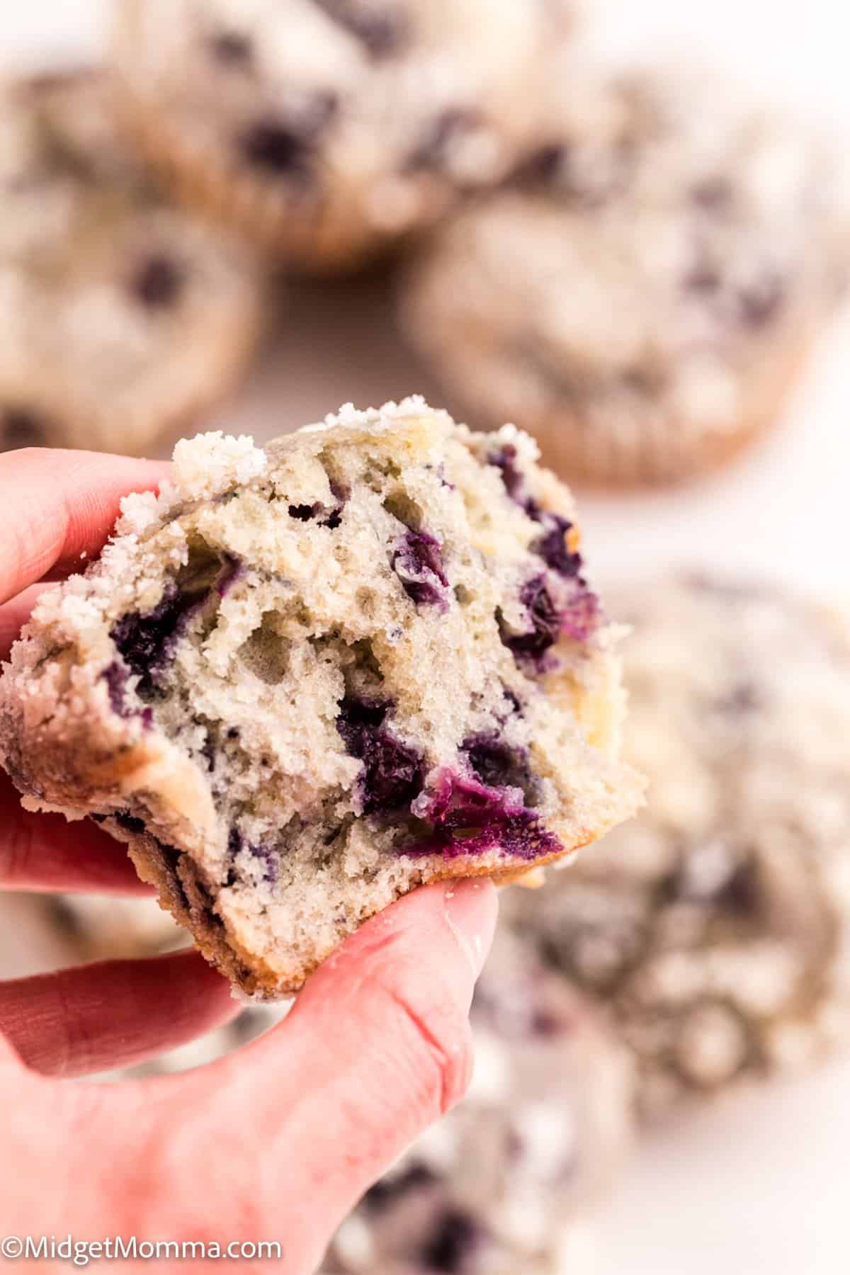 hand holding a Blueberry Streusel Muffin with a bite out of it
