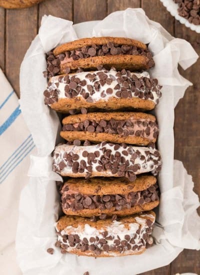 over head photo of Chocolate Chip Cookie Ice Cream Sandwiches