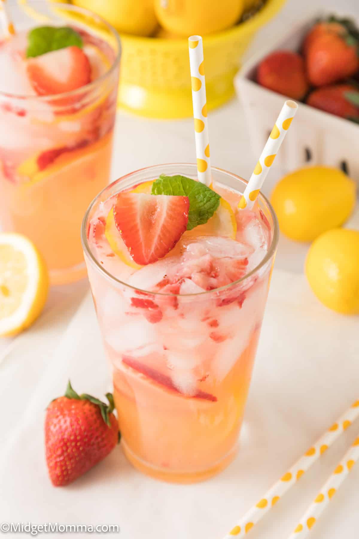 large glass of Homemade Strawberry Lemonade 