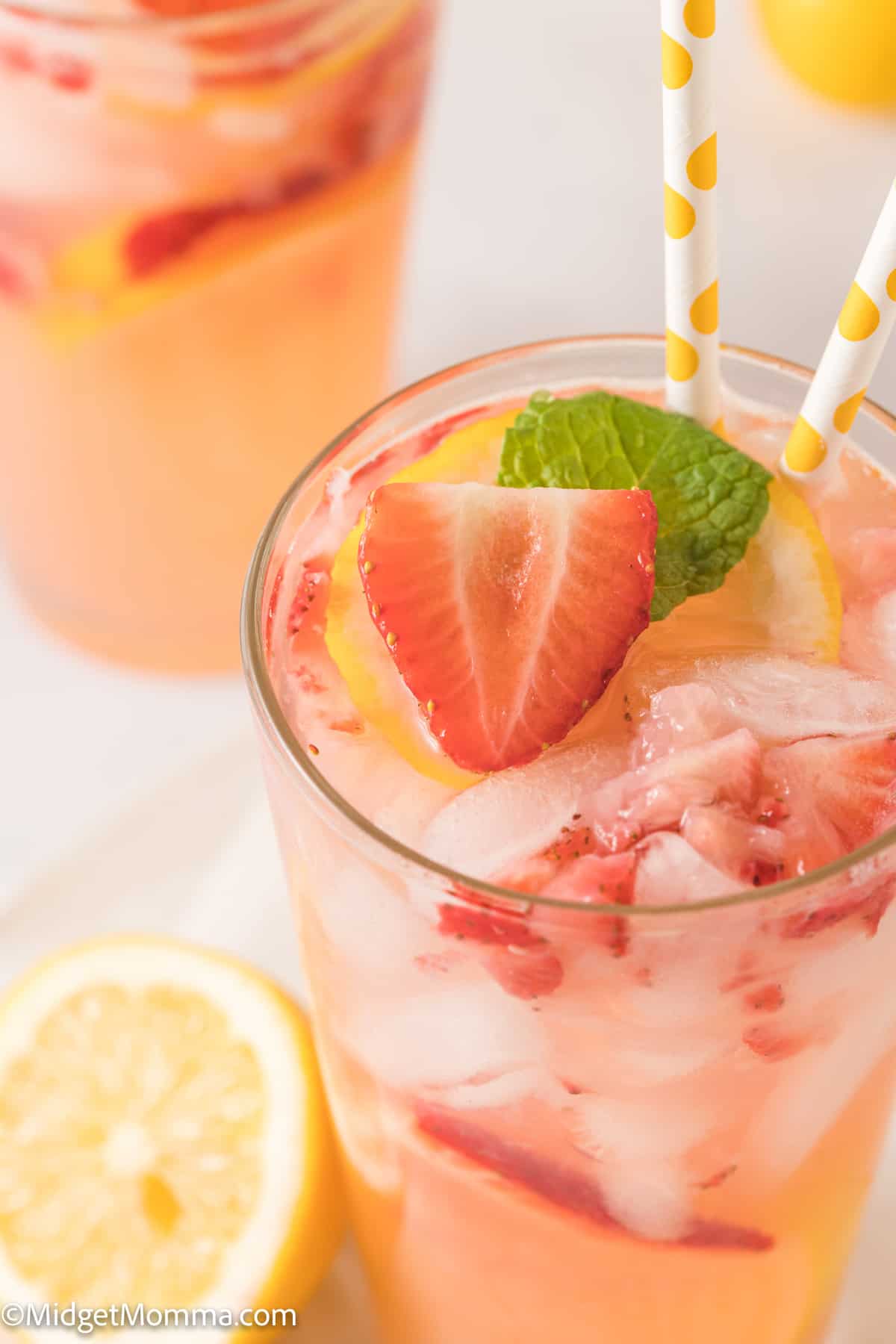 close up photo of a glass of Homemade Strawberry Lemonade