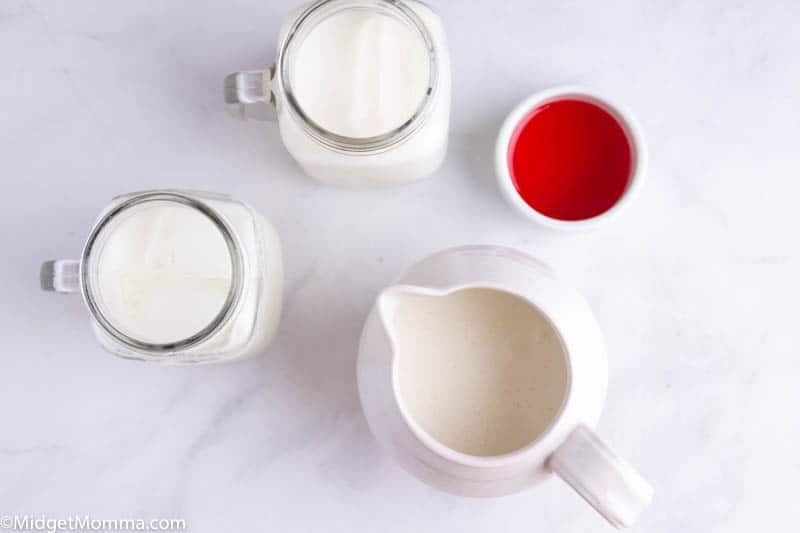whipped strawberry ingredients - heavy cream, strawberry syrup, water, milk