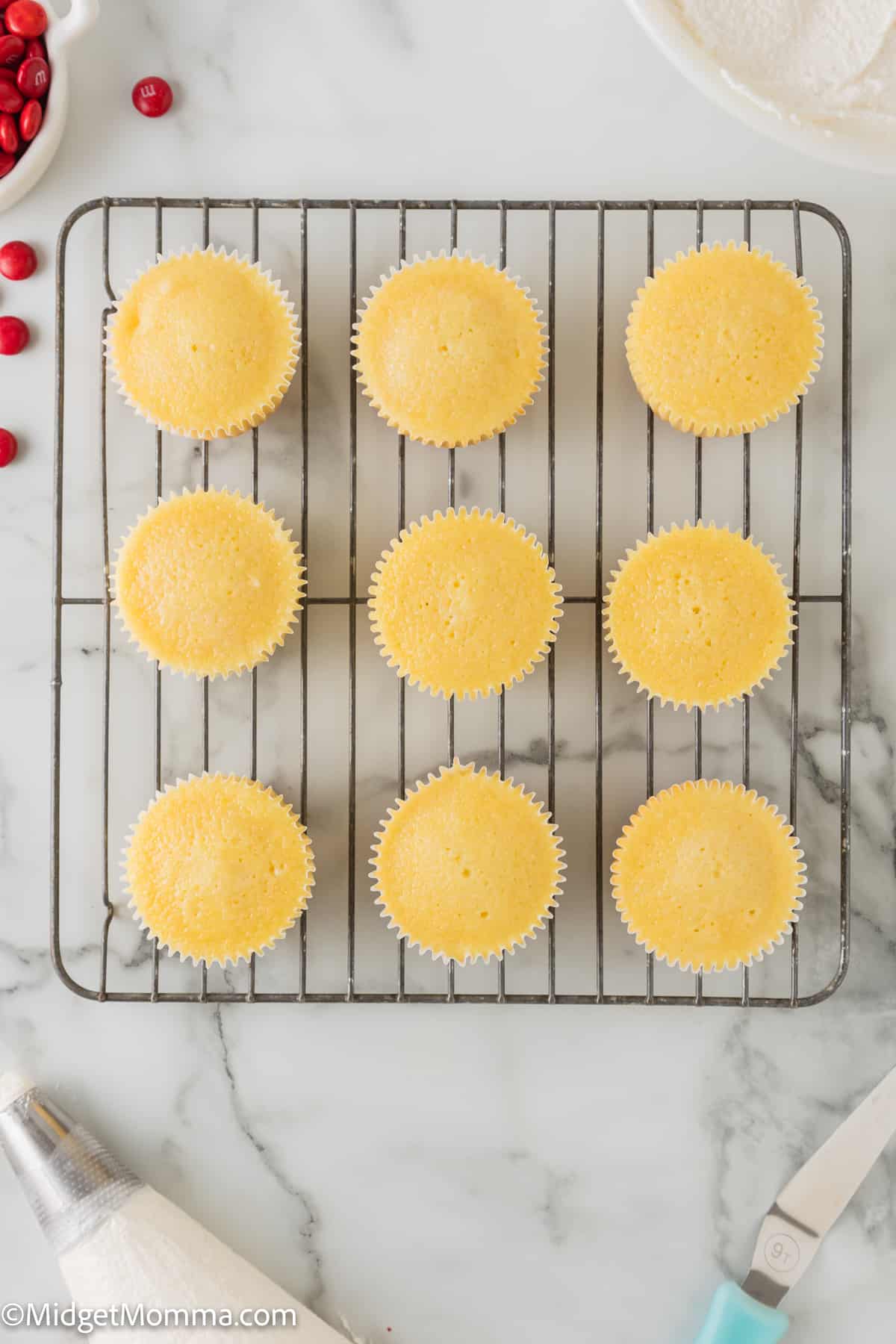 unfrosted vanilla cupcakes on a baking tray