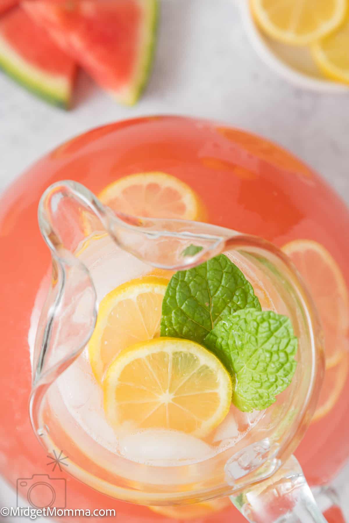 overhead photo of a pitcher of Homemade Watermelon Lemonade 