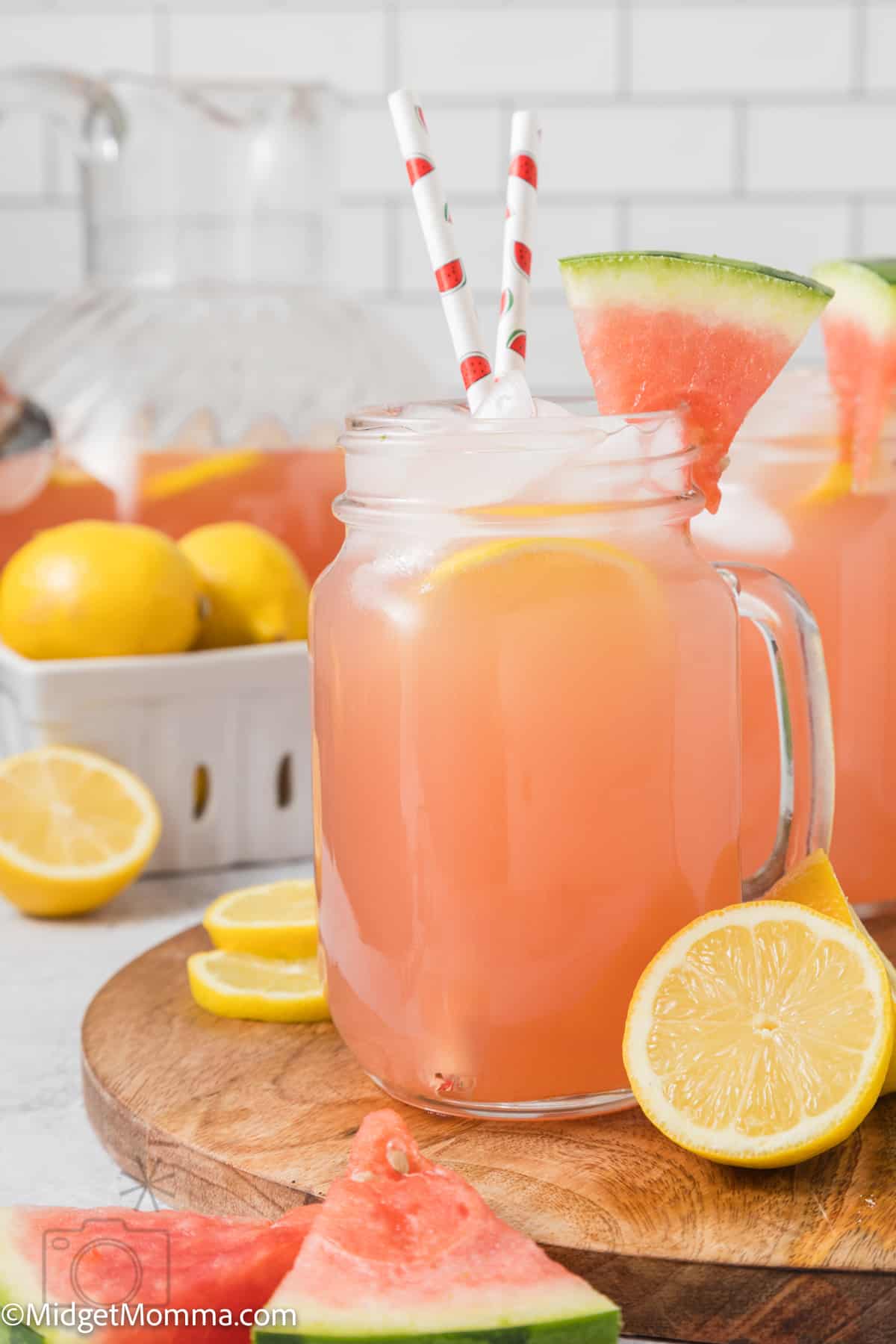 Homemade Watermelon Lemonade in a mason jar with a straw 