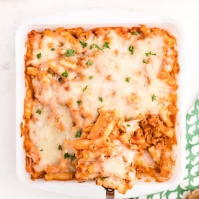 baking dish of cooked Copy Cat Olive Garden Ziti al Forno