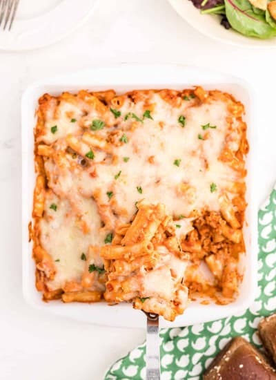 baking dish of cooked Copy Cat Olive Garden Ziti al Forno