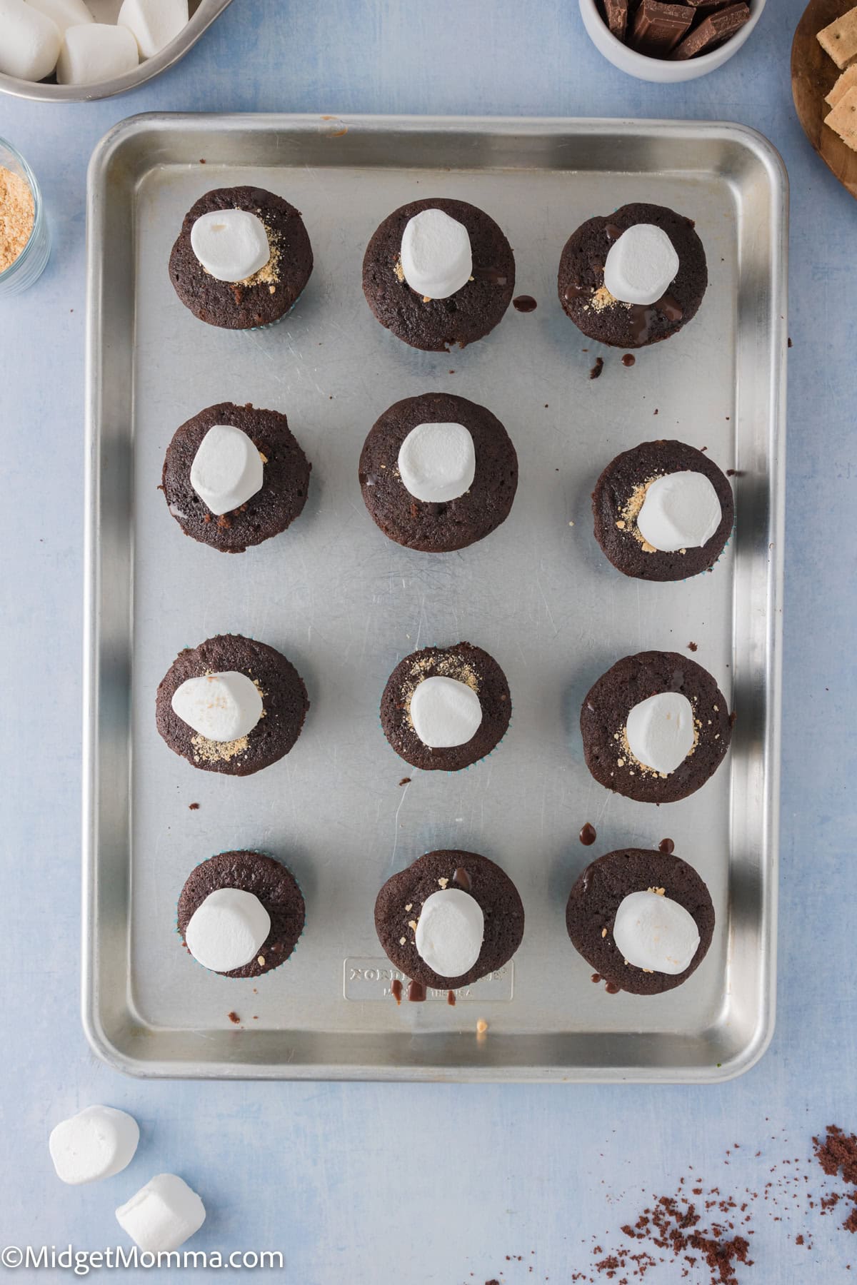 A baking tray with twelve freshly baked chocolate cupcakes, each topped with a marshmallow, viewed from above.