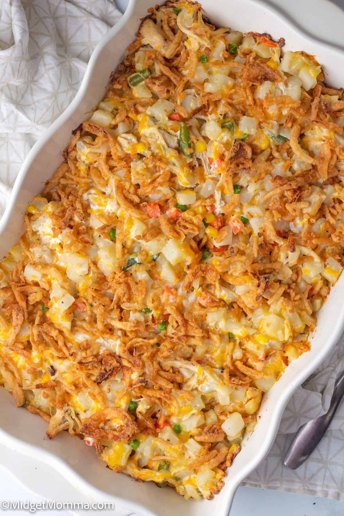 overhead photo of chicken and potato casserole