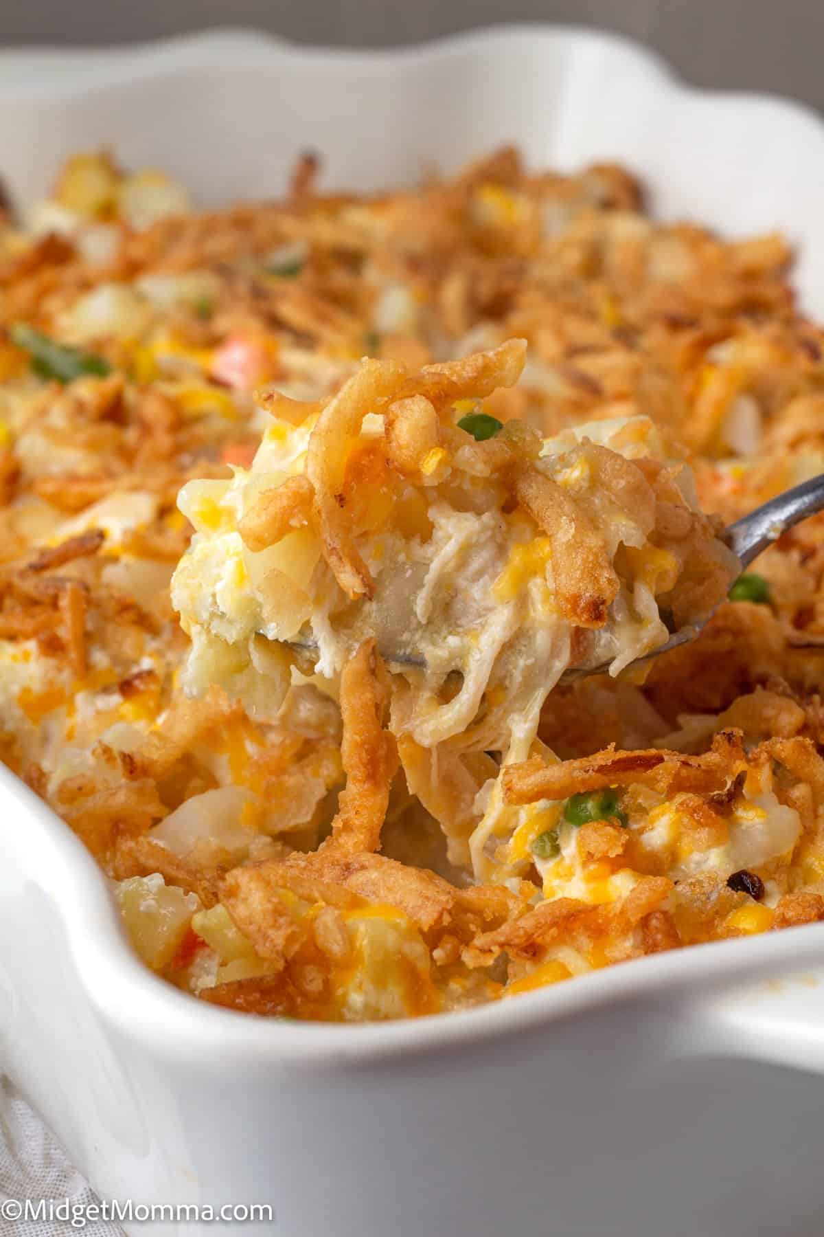 close up photo of chicken and potato casserole