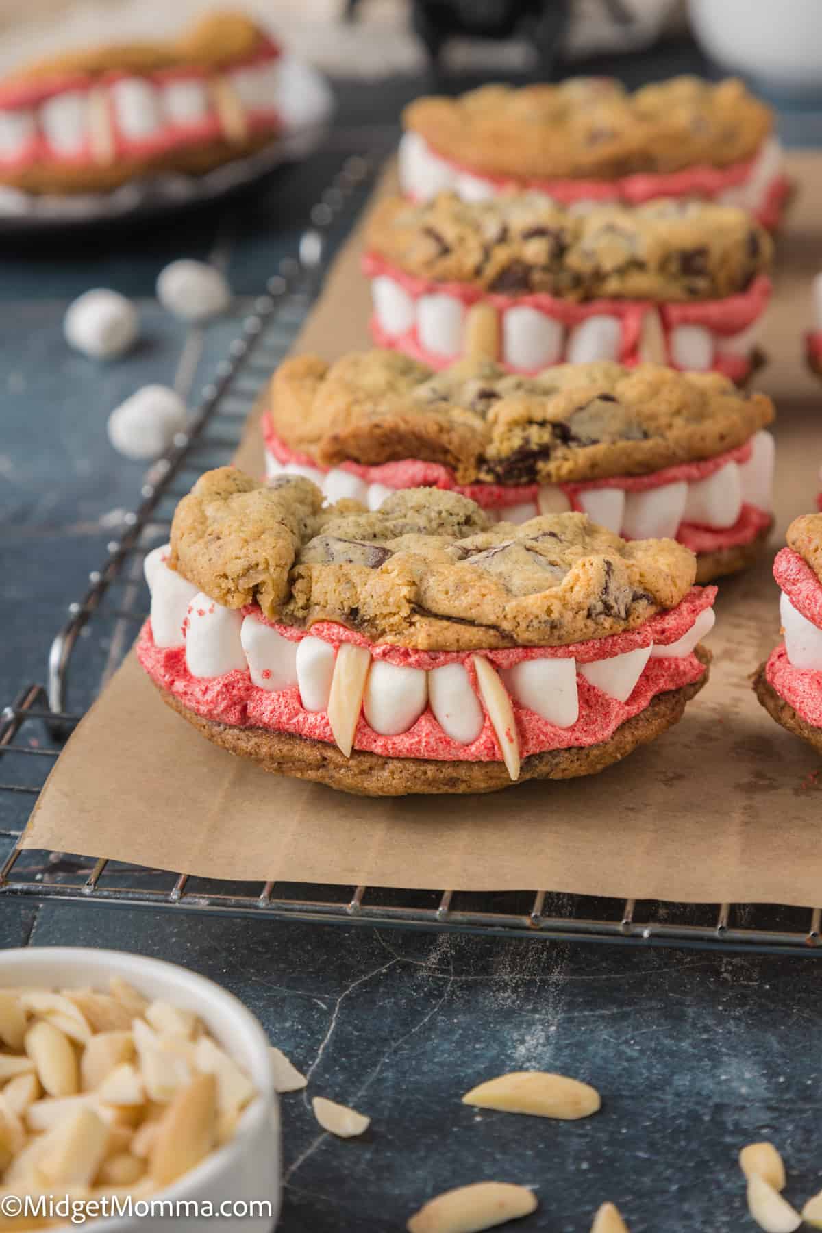 Vampire mouth cookies on a baking sheet 