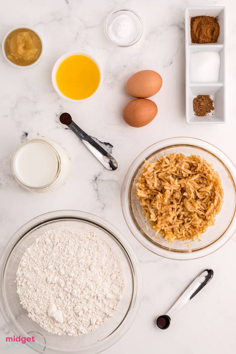 apple cinnamon pancakes ingredients in bowls