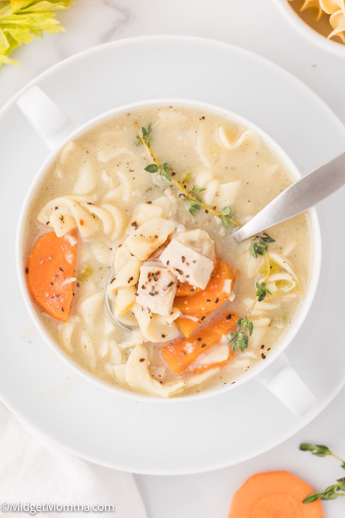 A bowl of chicken noodle soup with carrots, noodles, diced chicken, herbs, and broth, served with a spoon on a white plate.