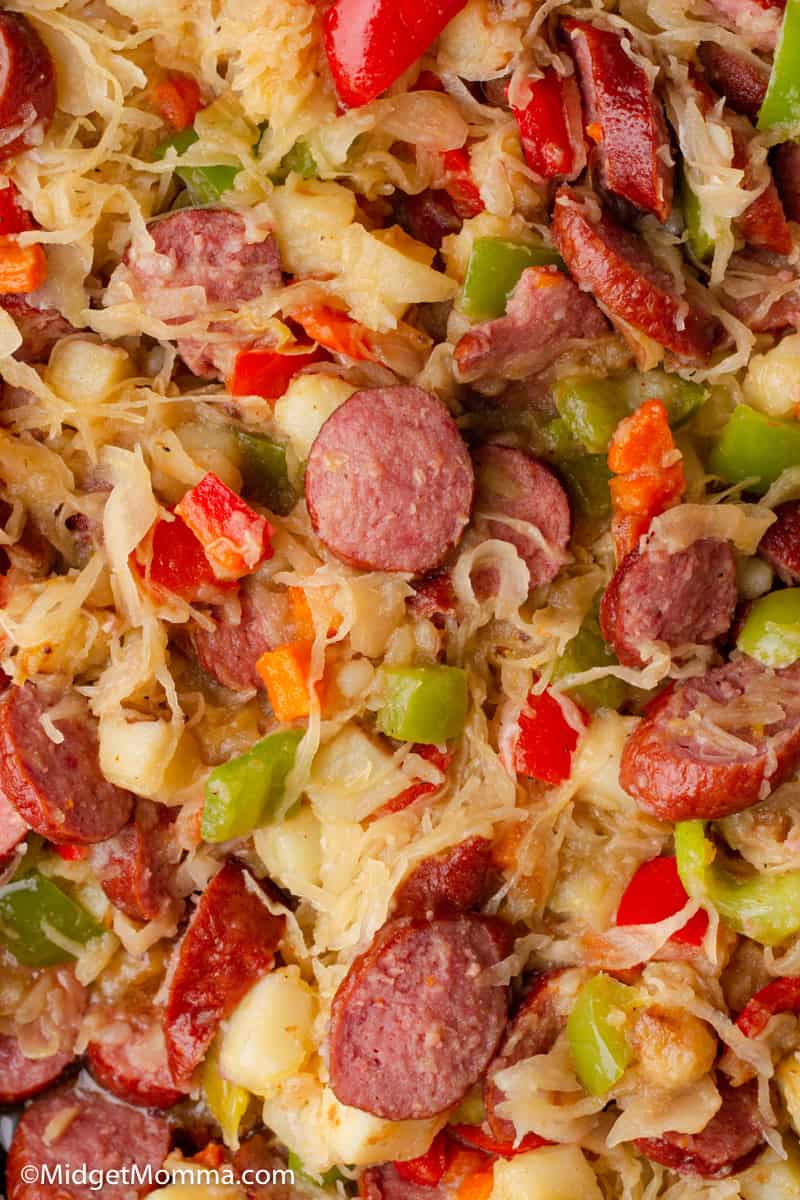 Kielbasa Sauerkraut & Potatoes Skillet close up