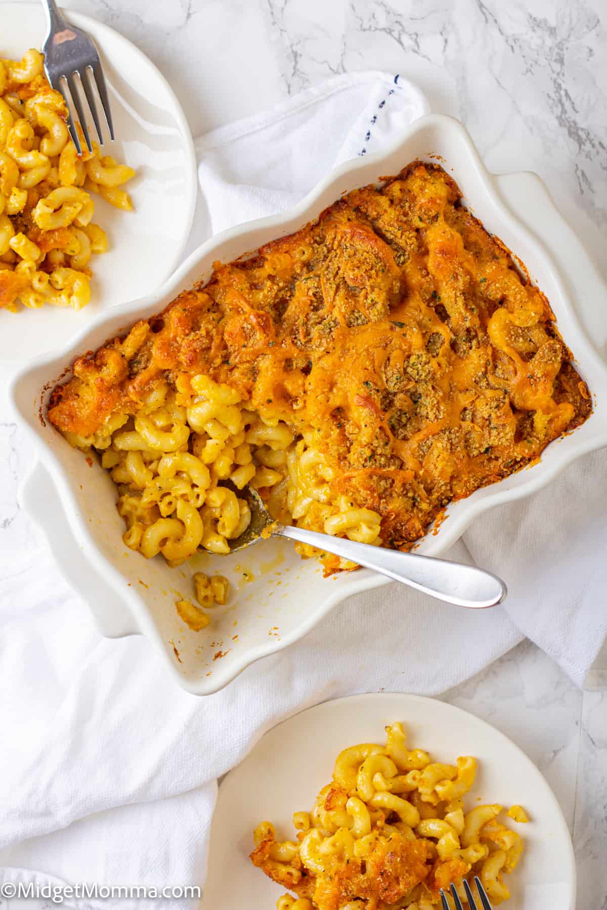 overhead photo of The Best Baked Macaroni and Cheese Recipe in a baking dish