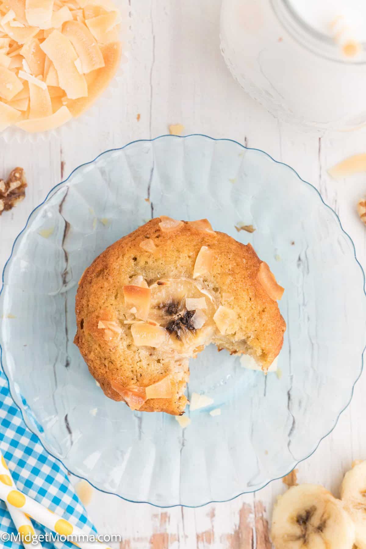 overhead photo of a Banana Coconut muffin with a bite taken out