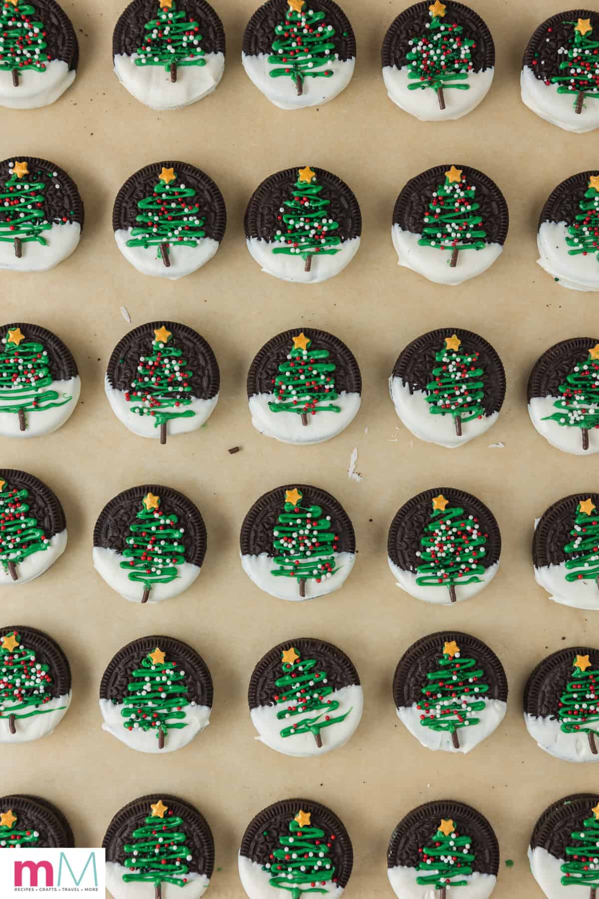 Christmas Tree Oreo Cookies on a baking sheet 