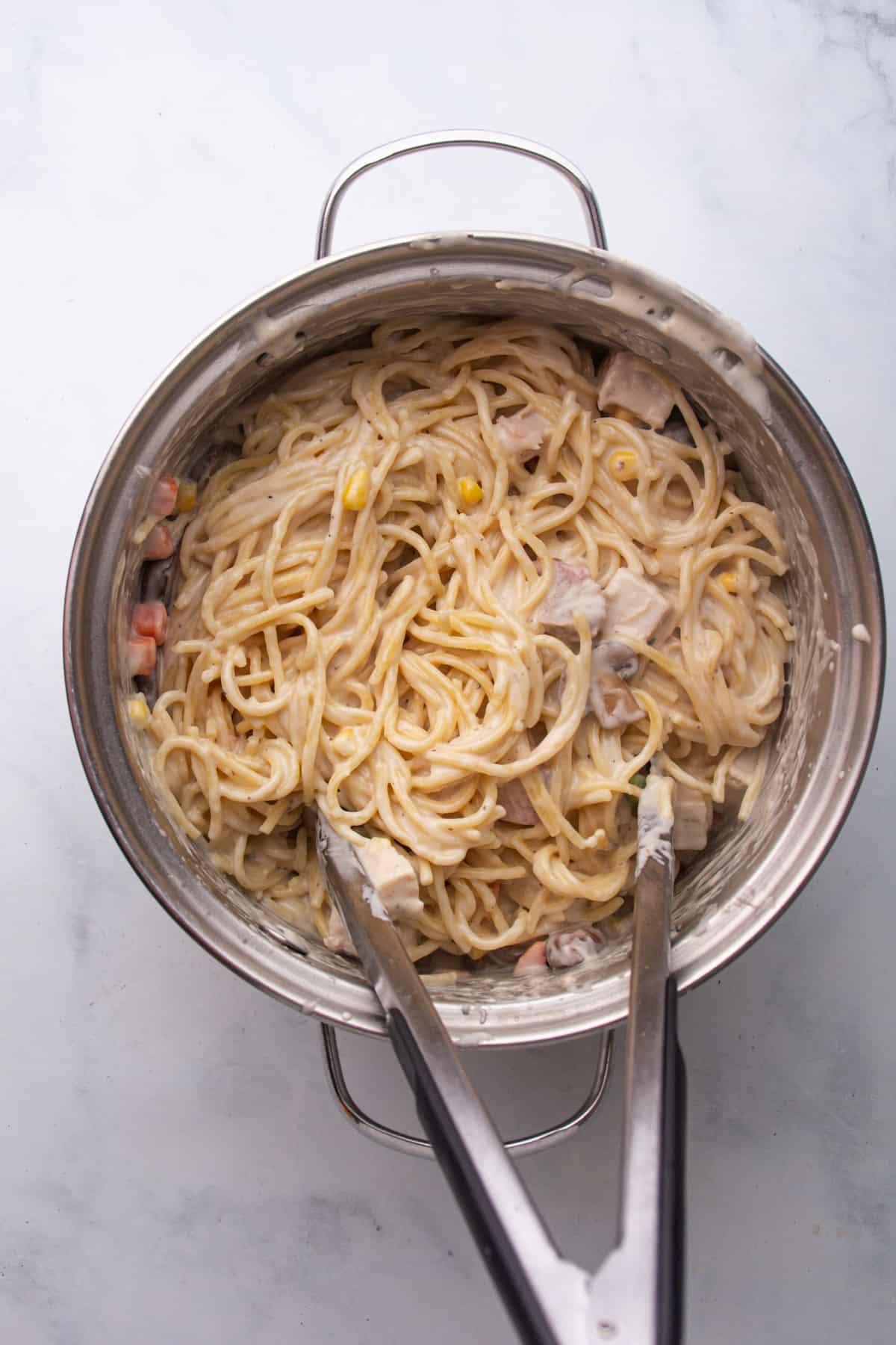pasta mixed with Turkey Tetrazzini Recipe sauce