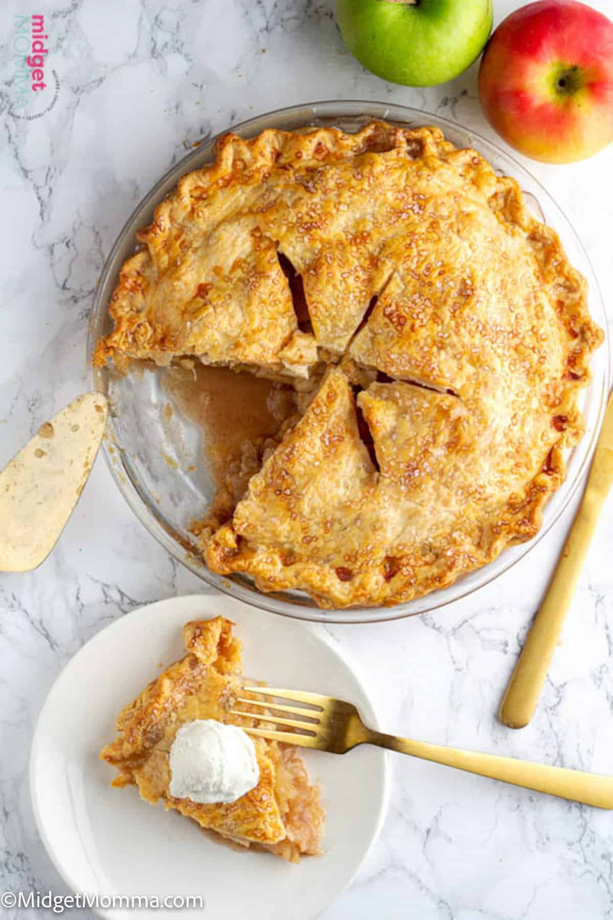 overhead photo of apple pie with a piece of apple pie on a plate