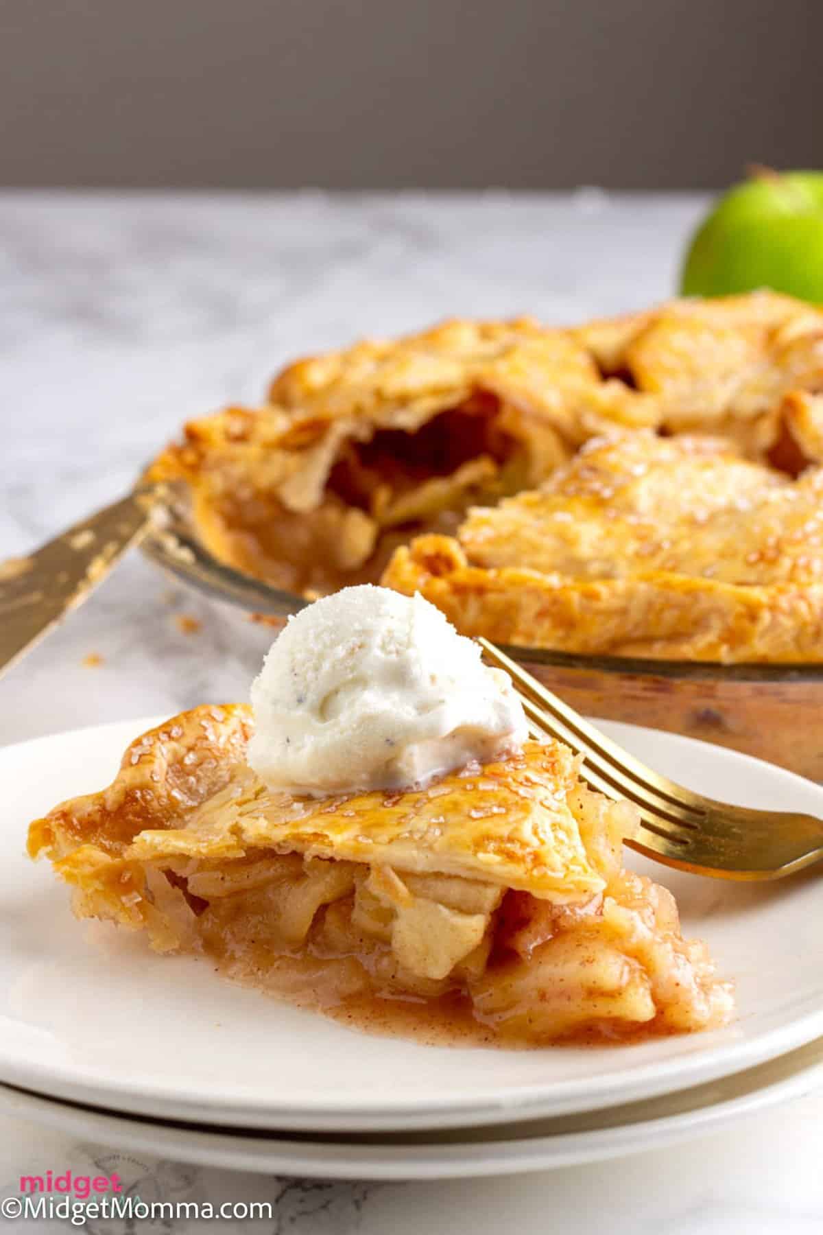 side view slice of overhead photo of homemade apple pie