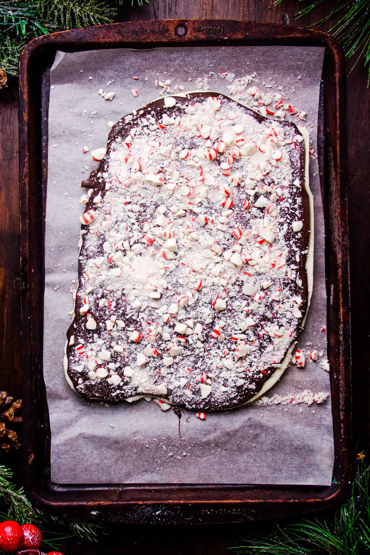finished peppermint chocolate bark on a baking sheet