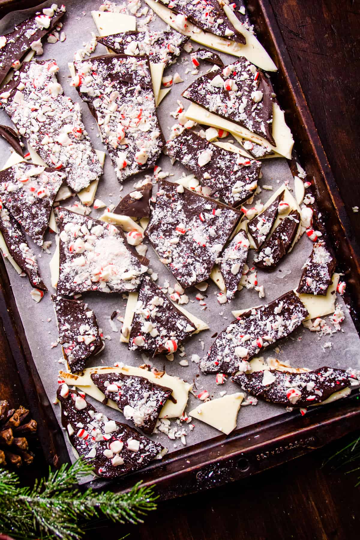 Chocolate Peppermint Bark Recipe on a baking sheet