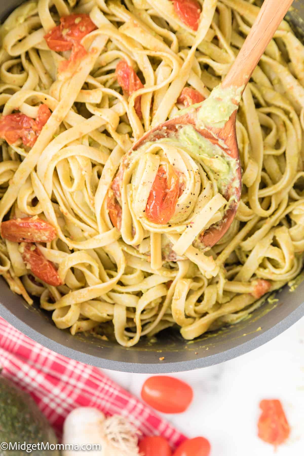 close up photo of pasta with avocado sauce in a pot