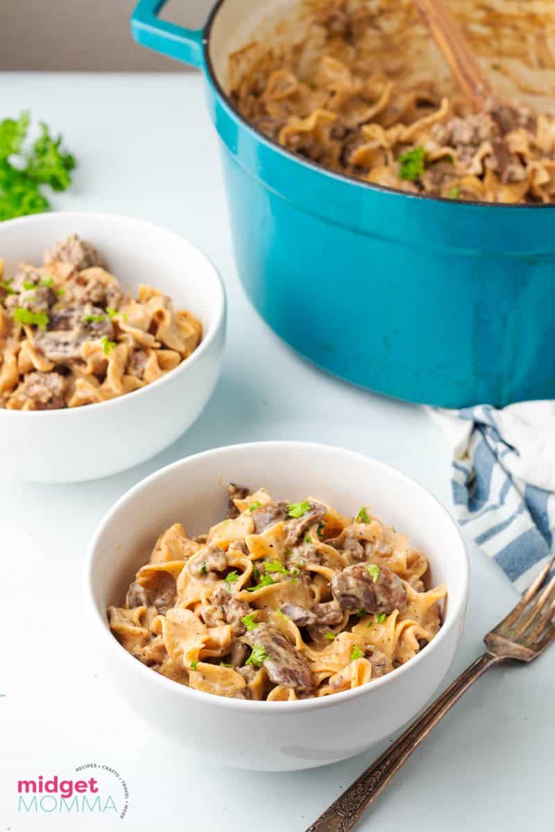 One-Pot Beef Stroganoff in a  serving bowl