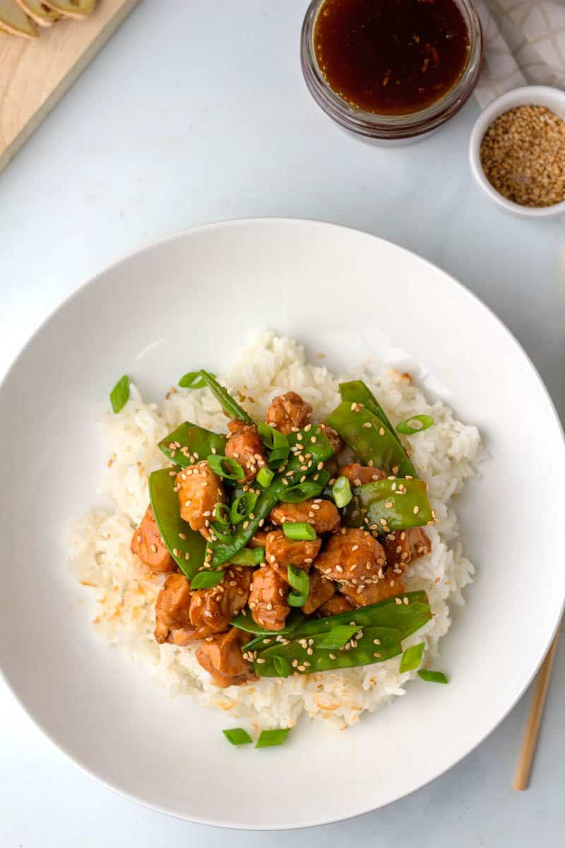 Teriyaki chicken bowl close up overhead photo