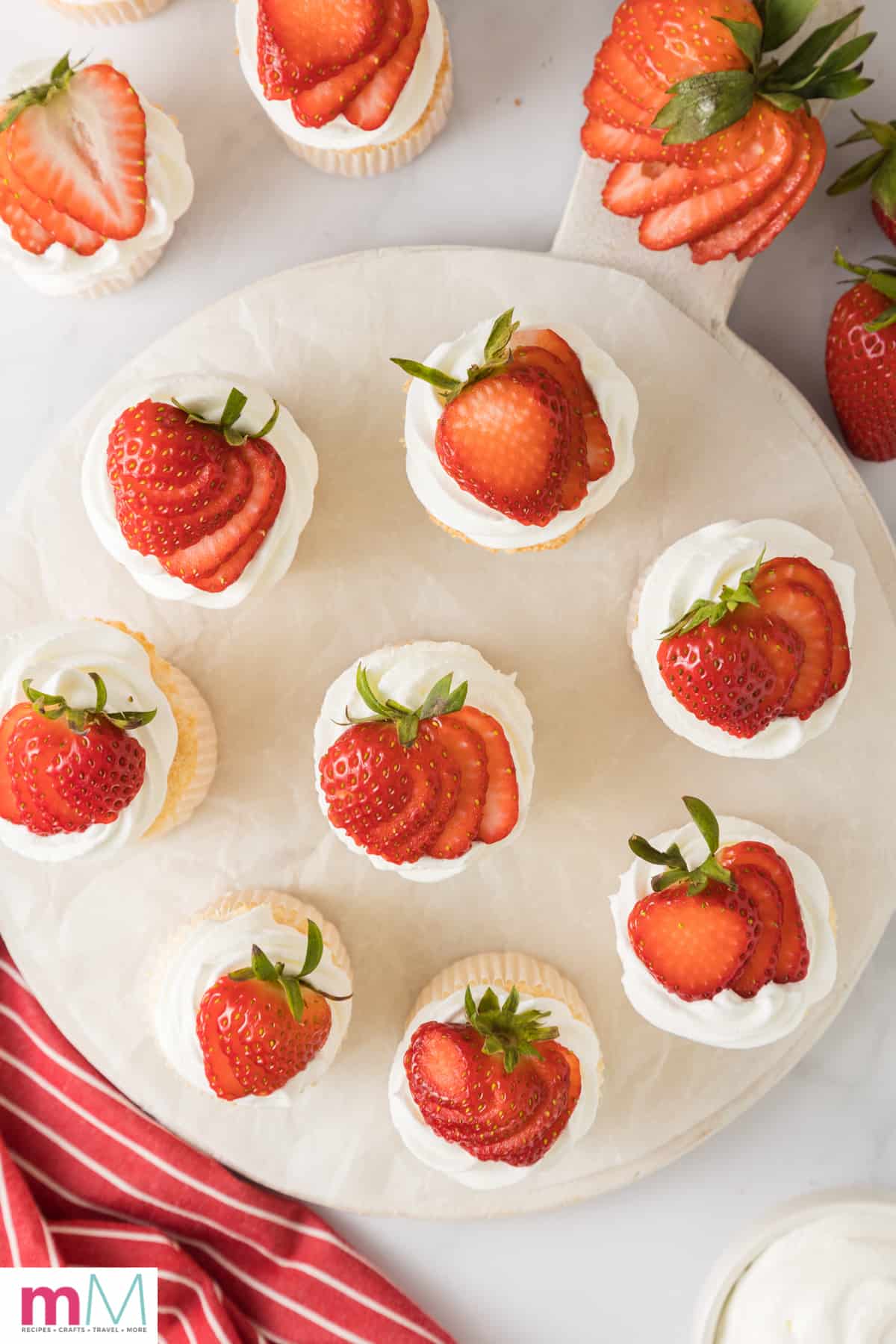 overhead photo of angel food cupcakes on a serving tray